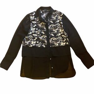 ZOA New York Shirt Womens Extra Small Black Printed Semi Sheer Blouse